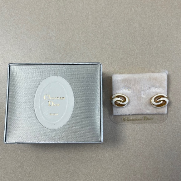 Christian Dior Vintage White Enamel Interlocking Oval Clip-On Earrings- Preowned - Picture 5 of 5